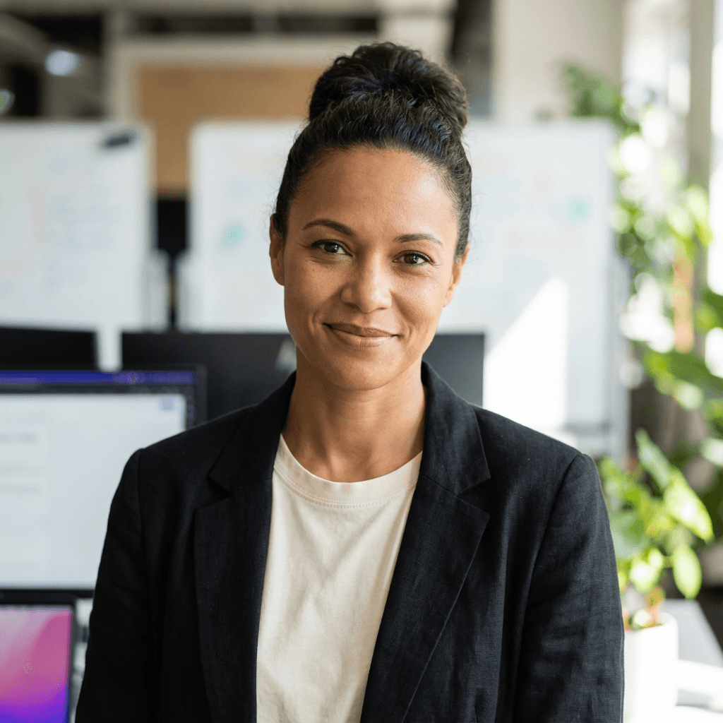 Female project coordinator in her early 30s with an organized and approachable style