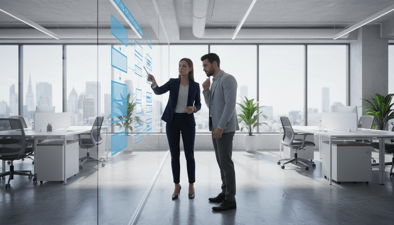 Consultant pointing at a workflow diagram on a table with a client