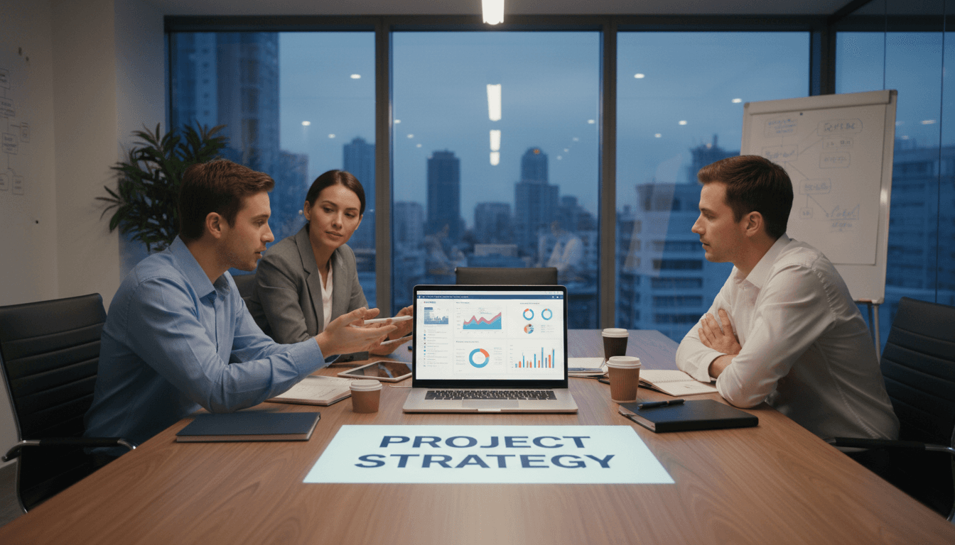 Consultants reviewing project details on a laptop in a bright office