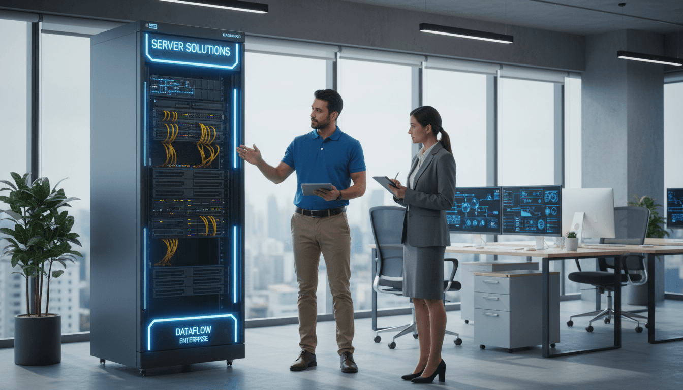 Technician pointing at a server rack while explaining to a business owner