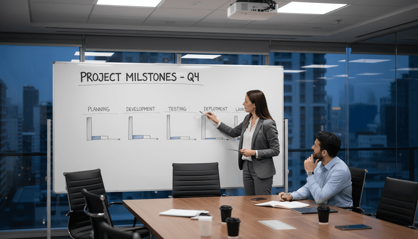 Person presenting a project timeline on a whiteboard to a colleague