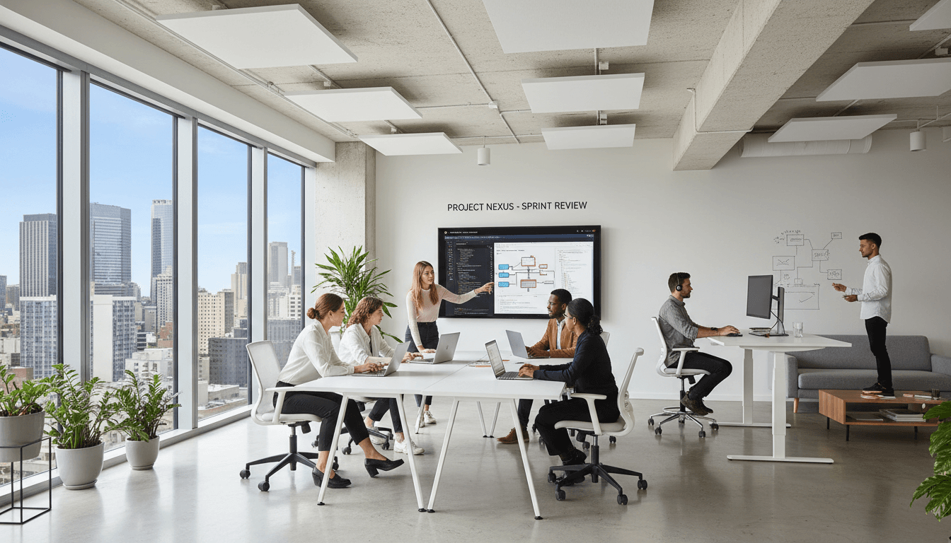 Software team collaborating in a modern office