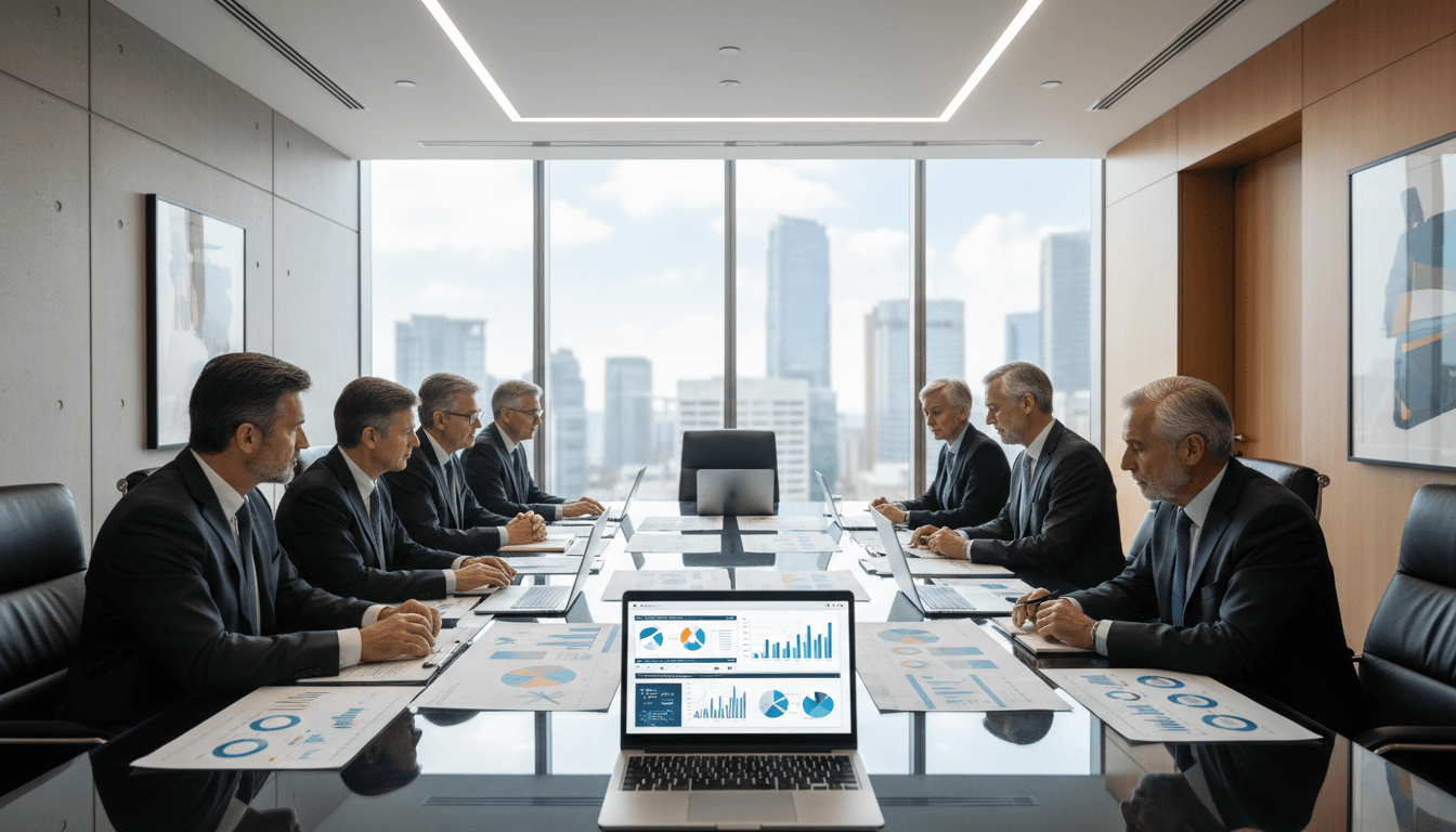 Two professionals discussing strategic goals around a conference table