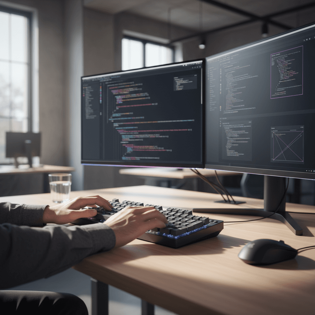 Hands typing on a keyboard with code visible