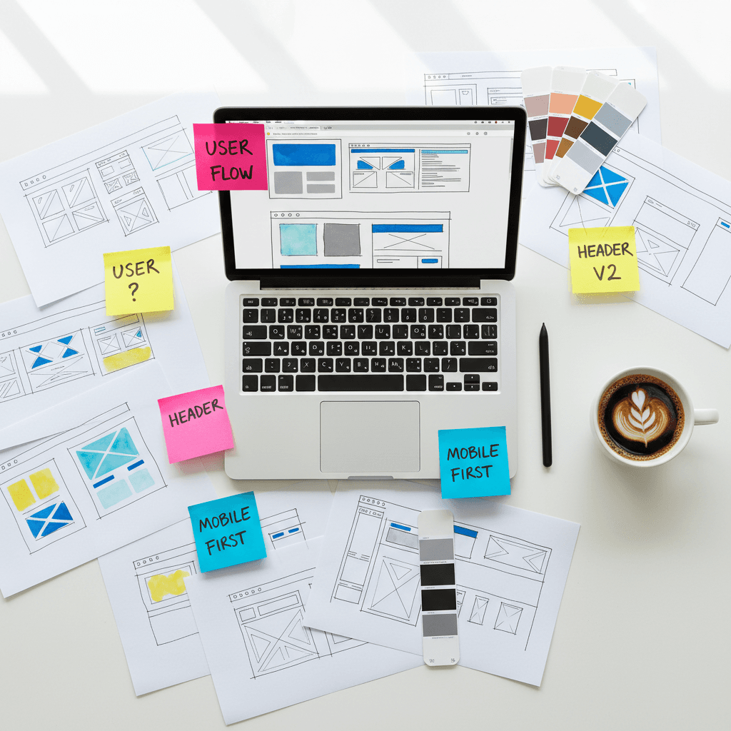 Designer sketching wireframes on a whiteboard covered in sticky notes