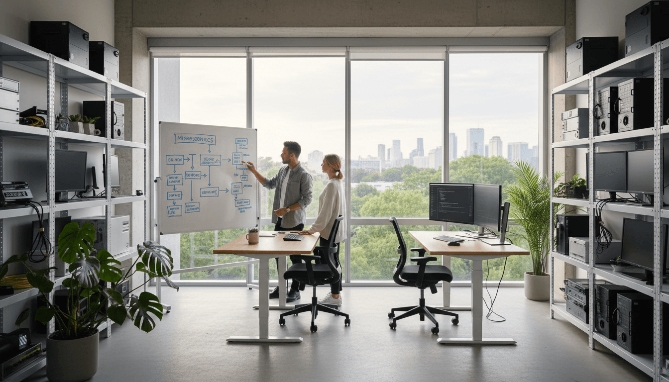 Developers collaborating on code at workstations