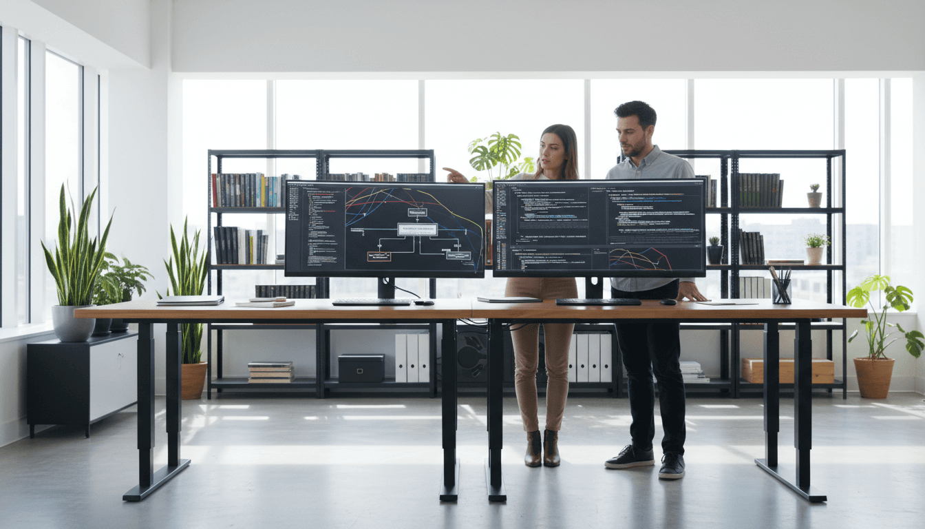 Two software developers reviewing code on monitors in a bright modern office