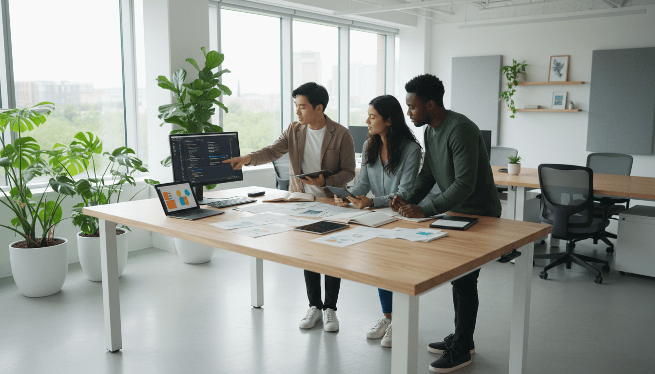 Software development team collaborating in modern office with laptops