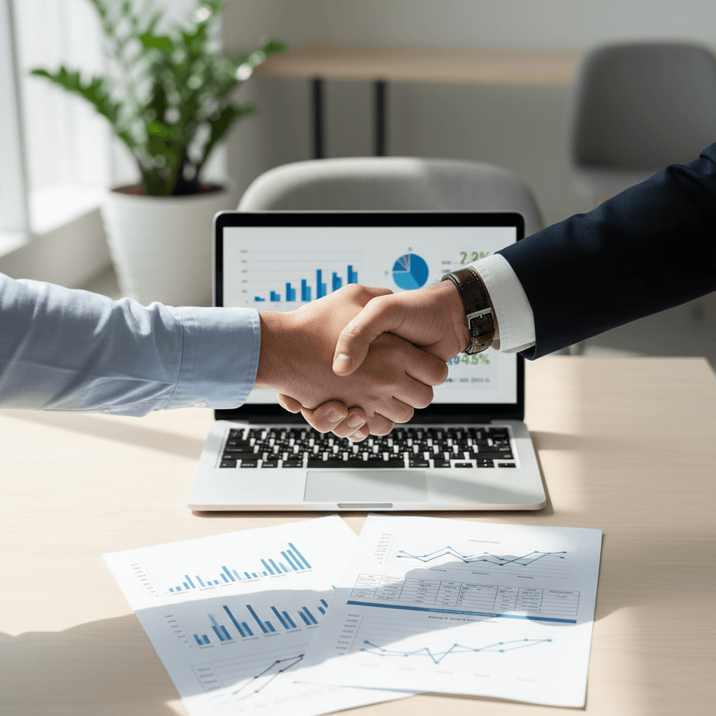 Handshake over a desk with a laptop in a modern office