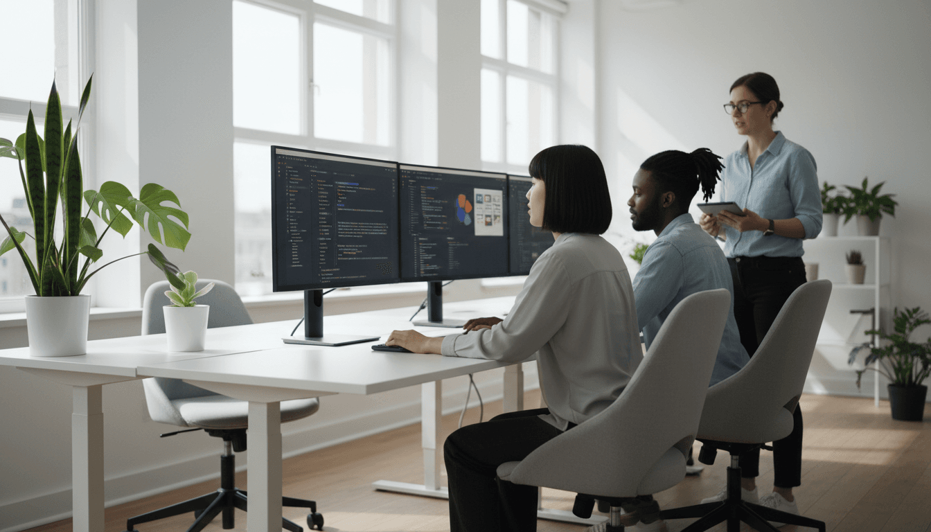 Two developers reviewing code on a monitor in a modern workspace