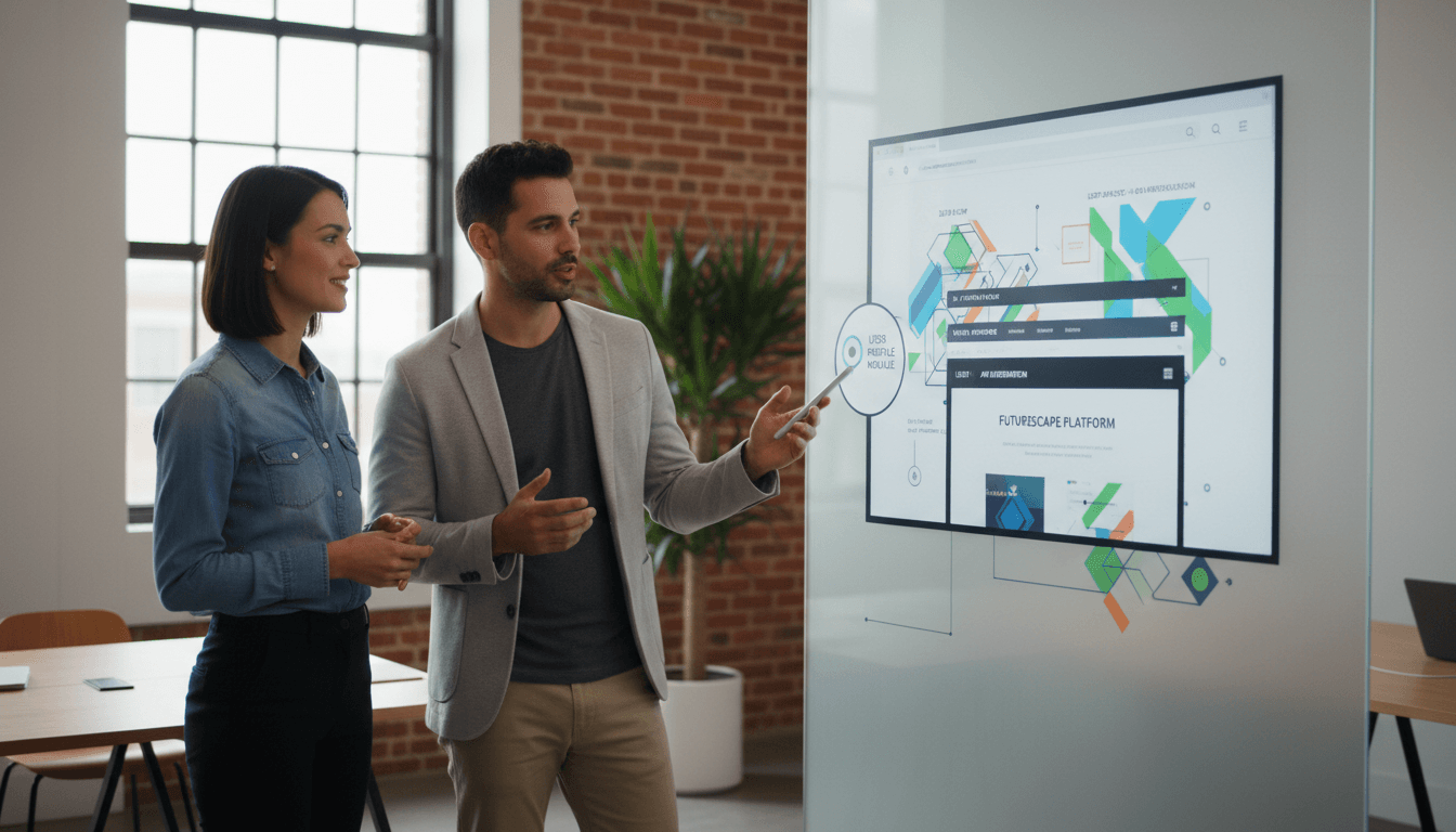 Consultants reviewing software architecture on a whiteboard in a modern office