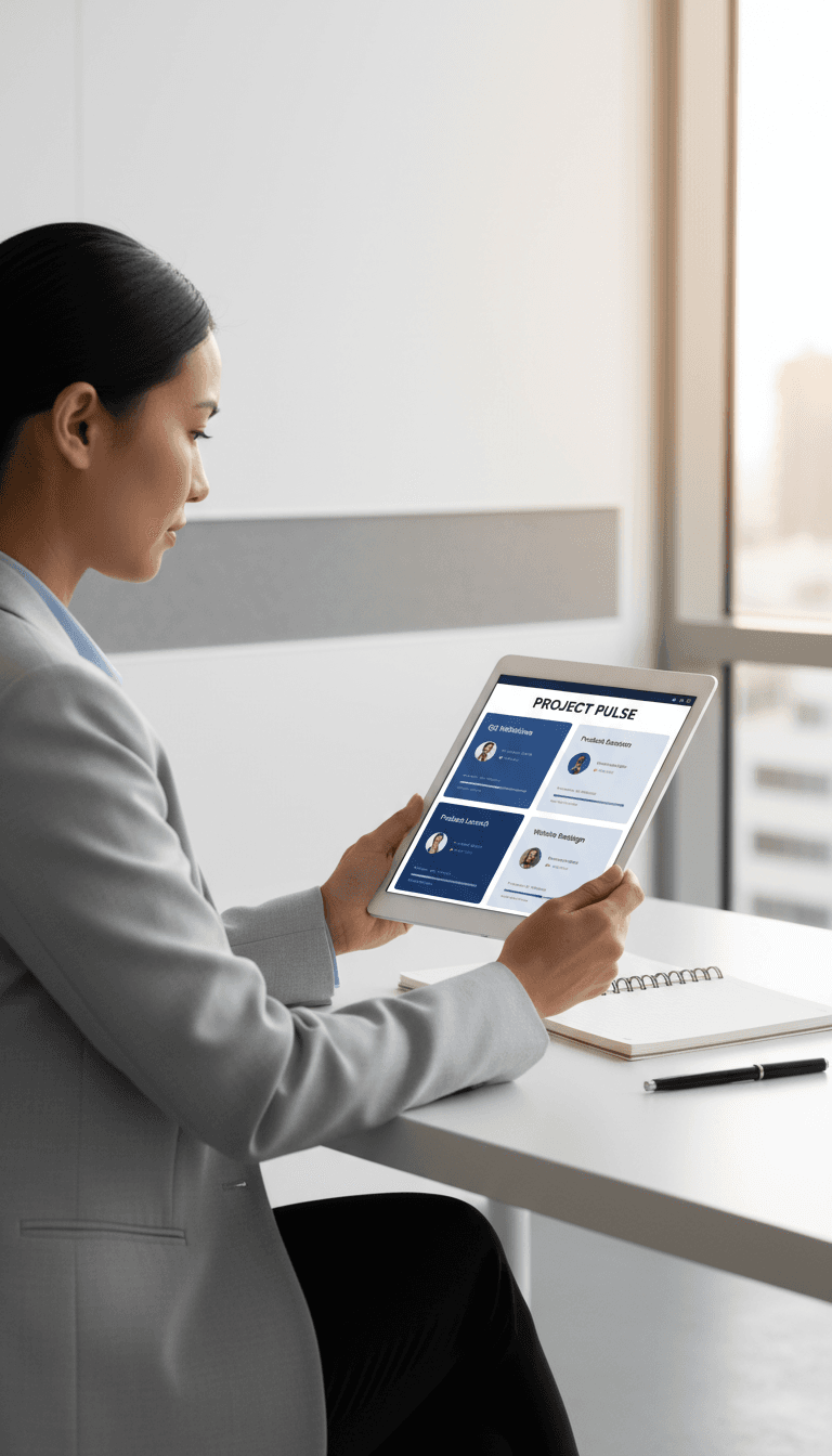 Professional reviewing a project timeline on a tablet in a modern office