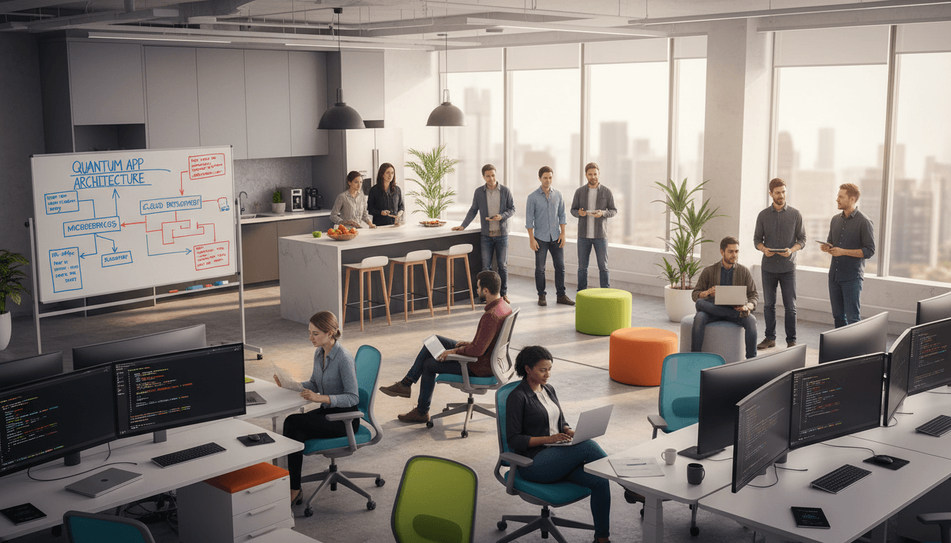 Small team collaborating over documents in a bright modern office